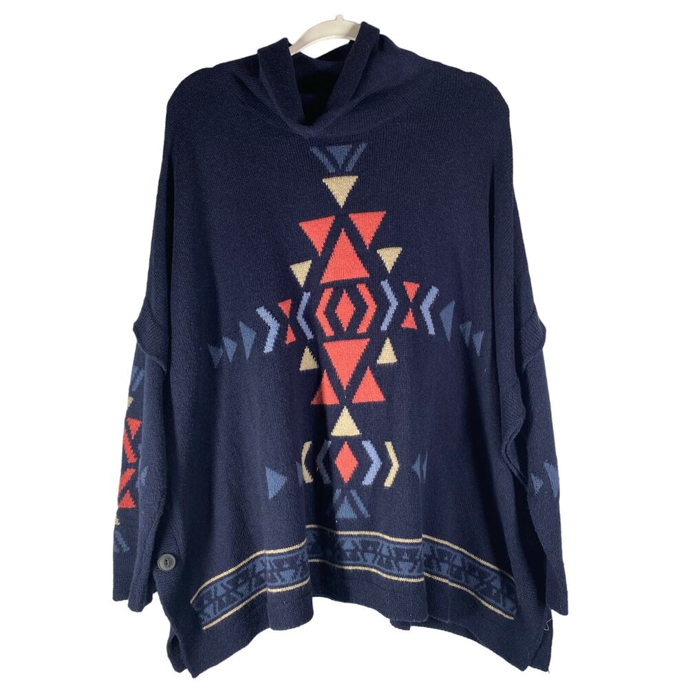 J. Jill Poncho Style Sweater Cowl Neck Aztec Southwestern Blue Large Petite